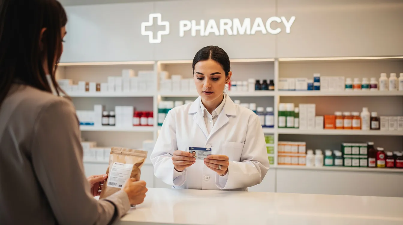 The image depicts a modern pharmacy or dispensary counter where a staff member is checking an ID card from a customer, emphasizing the responsible and equitable regulation of cannabis products. This setting reflects the legal framework surrounding hemp-derived products and the importance of age restrictions in the regulated market for cannabis in Connecticut.