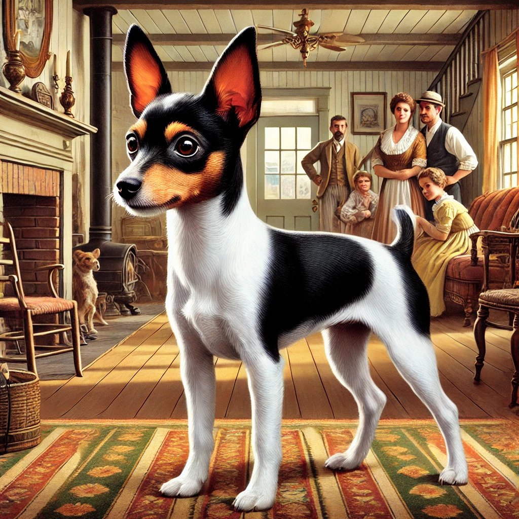 An historical illustration of a Toy Fox Terrier in the early 20th century, set in a cozy vintage American home. The scene highlights the breed's role as a beloved family pet during this time period.