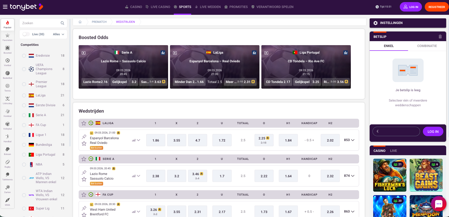 Overzicht van de TonyBet casino lobby met secties zoals “Voor jou geselecteerd” en “Populair”, met slotgames zoals Gates of Olympus, Big Bass Splash, Zeus Up, Super Flip en Bonanza Billion, en navigatie naar categorieën zoals slots, jackpots en klassiekers.