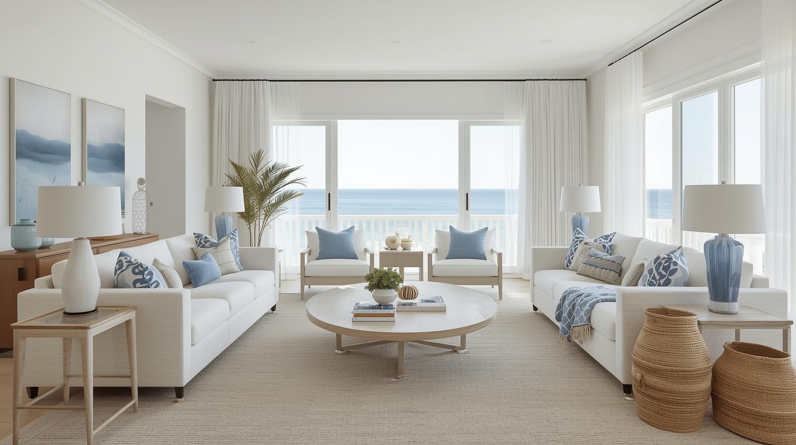 Clean white living room with pops of blue and textured accents