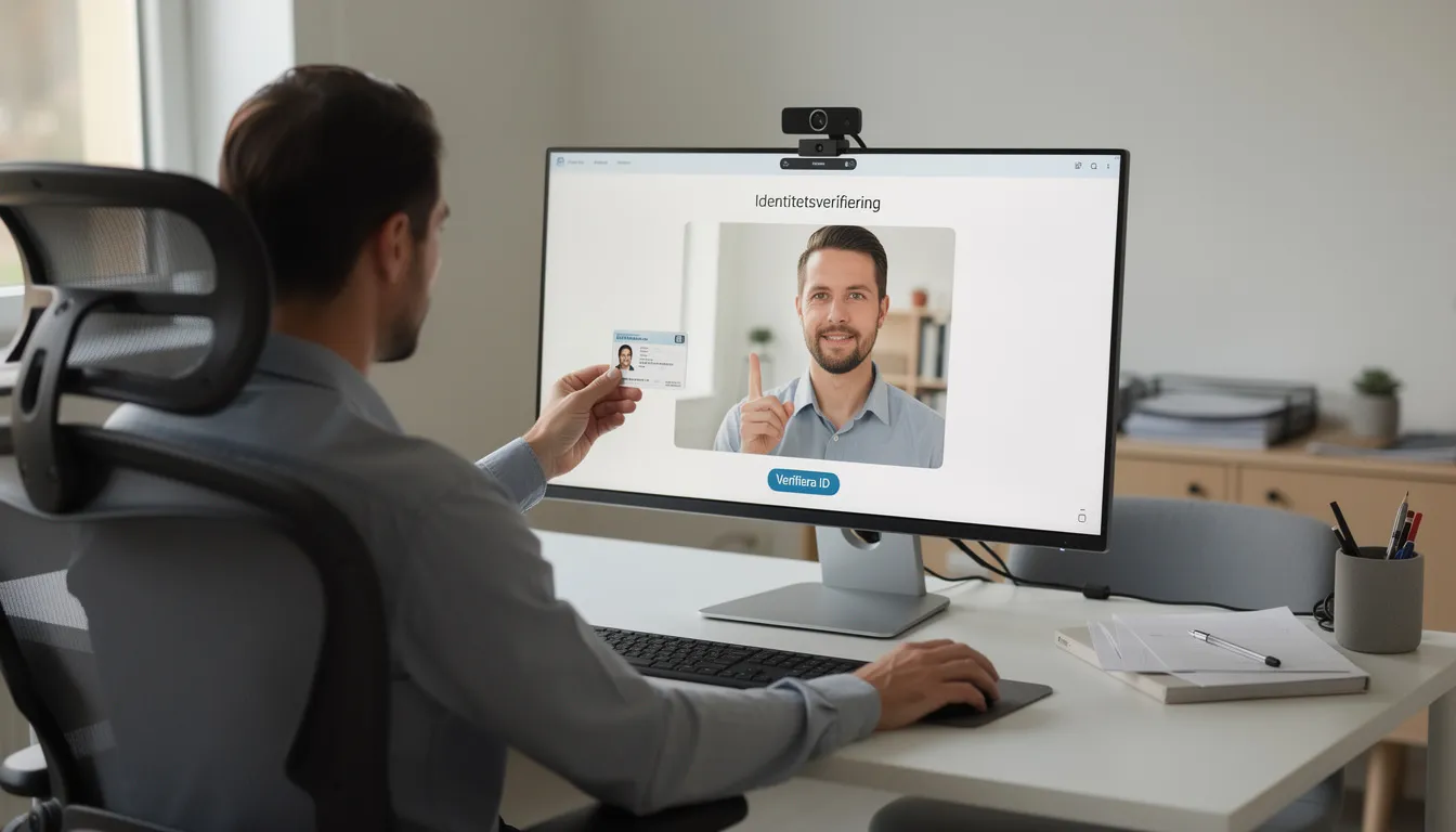 En person sitter vid en dator och verifierar sin identitet med en ID-handling, vilket är en viktig del av processen för att kunna göra snabba uttag hos casinon. Denna verifiering säkerställer att spelaren kan spela ansvarsfullt och få sina vinster utan dröjsmål.