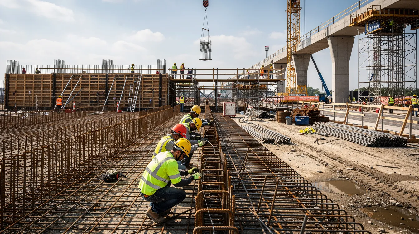 A group of construction workers is actively installing steel reinforcement at a large public construction project site, ensuring compliance with Davis-Bacon Act regulations regarding prevailing wage rates and local prevailing wages. The scene highlights the importance of labor and the skilled workforce involved in critical infrastructure development.