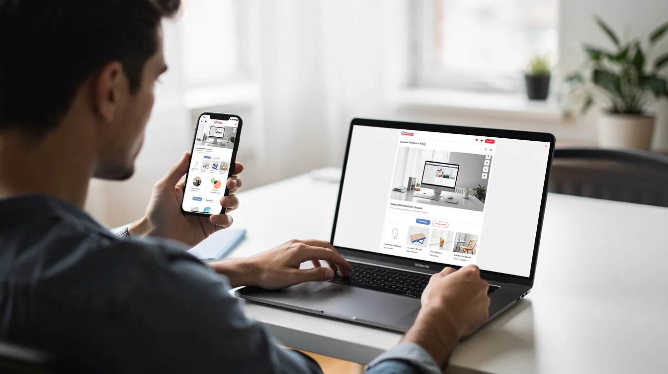 Une personne est en train de tester un site web sur un ordinateur portable et un smartphone simultanément, vérifiant l'affichage et la fonctionnalité sur différentes plateformes. Cette activité est essentielle pour assurer une migration réussie de Drupal vers WordPress, garantissant ainsi une expérience utilisateur optimale.