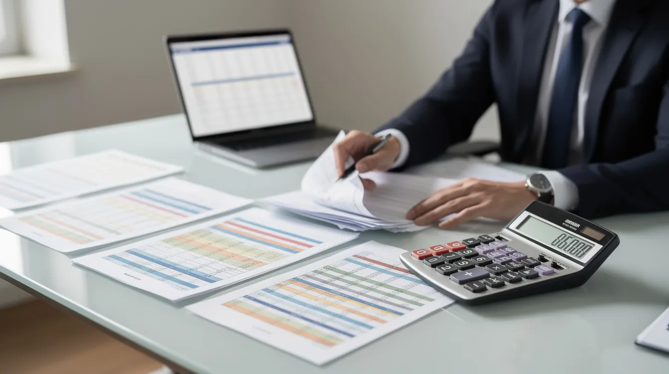 d8d9f785 175b 4200 89b1 92ed56255e37 A professional is seated at a desk, intently reviewing financial documents and spreadsheets related to a flour mill project report, while using a calculator. The scene emphasizes the importance of detailed project financials and key financial projections for making sound business decisions in the flour milling industry.
