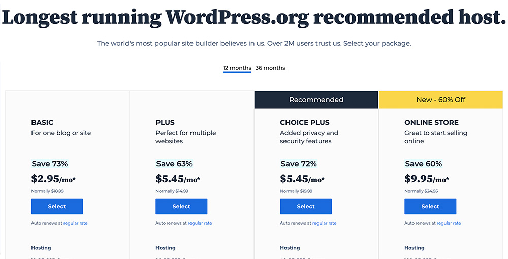 Screenshot of Bluehosts pricing page with the text "longest running wordpress.org recommended host."