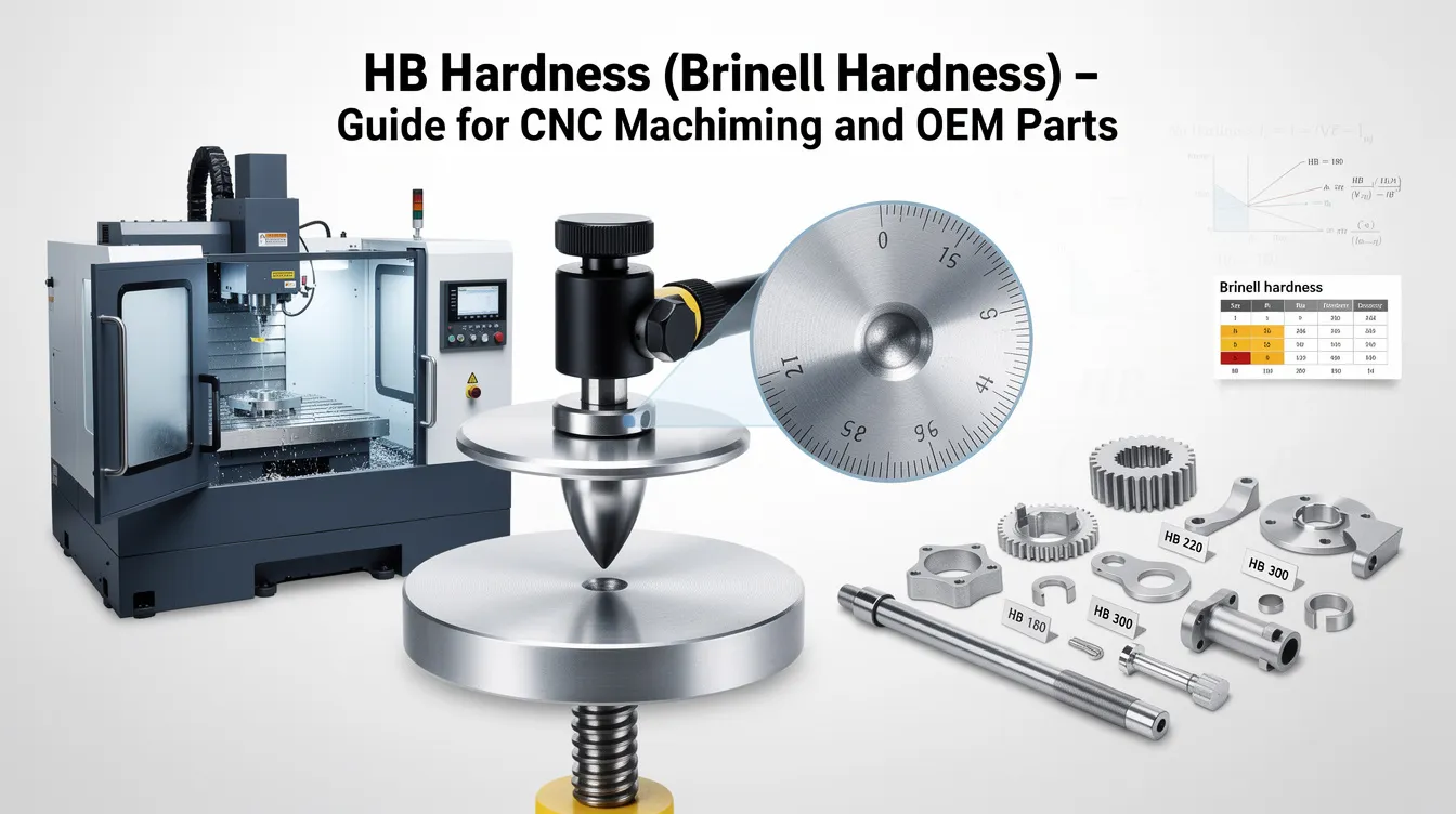 The image illustrates a guide on HB hardness, specifically the Brinell hardness test, showcasing a steel ball used for indentation on various metals and alloys. It includes a table that displays common values and comparisons to other hardness scales, such as Rockwell B and C, providing insights into the resistance and strength of hardened steel under different conditions.