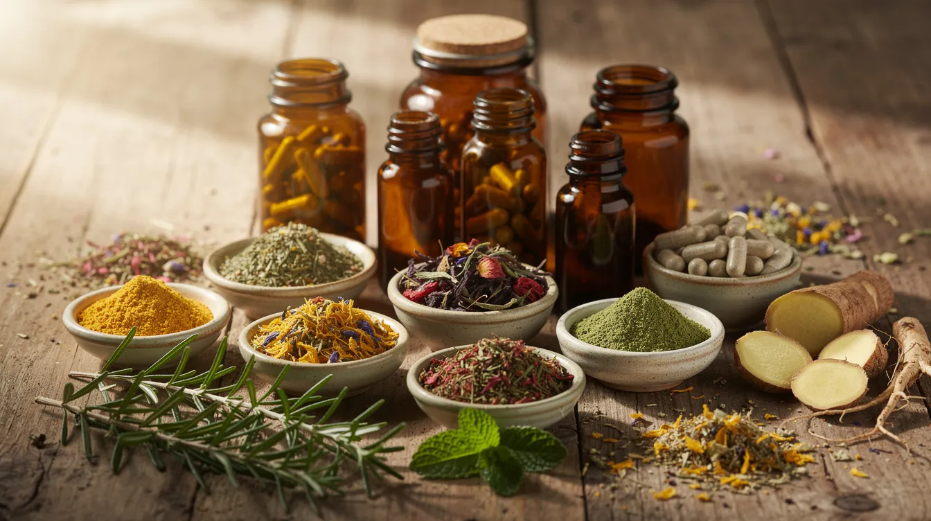 The image features an assortment of herbal supplements and botanical ingredients displayed on a natural wooden surface, accompanied by dried flowers and leaves, highlighting natural remedies that may help alleviate menopause symptoms such as hot flashes and night sweats. This arrangement emphasizes the appeal of dietary supplements for women seeking menopause relief and healthy aging.