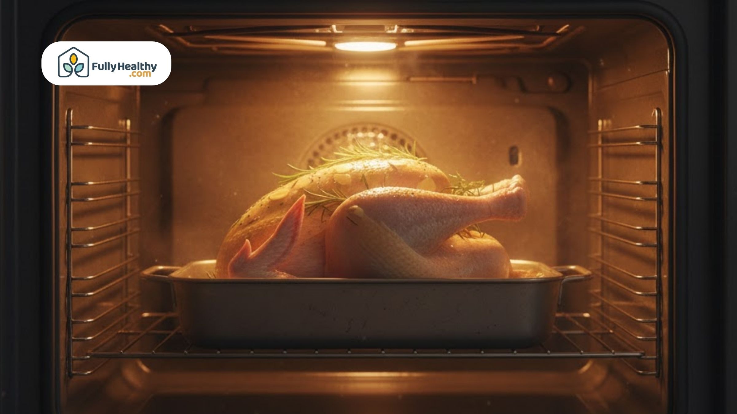 Seasoned whole turkey roasting inside a lit oven.