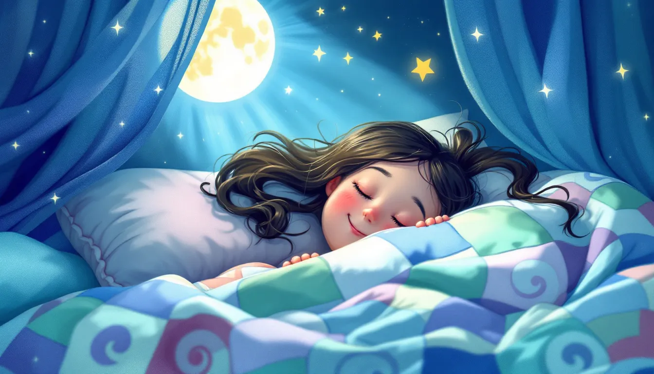 Śmieszne SMSy na dobranoc z ilustracją uśmiechniętej postaci w łóżku