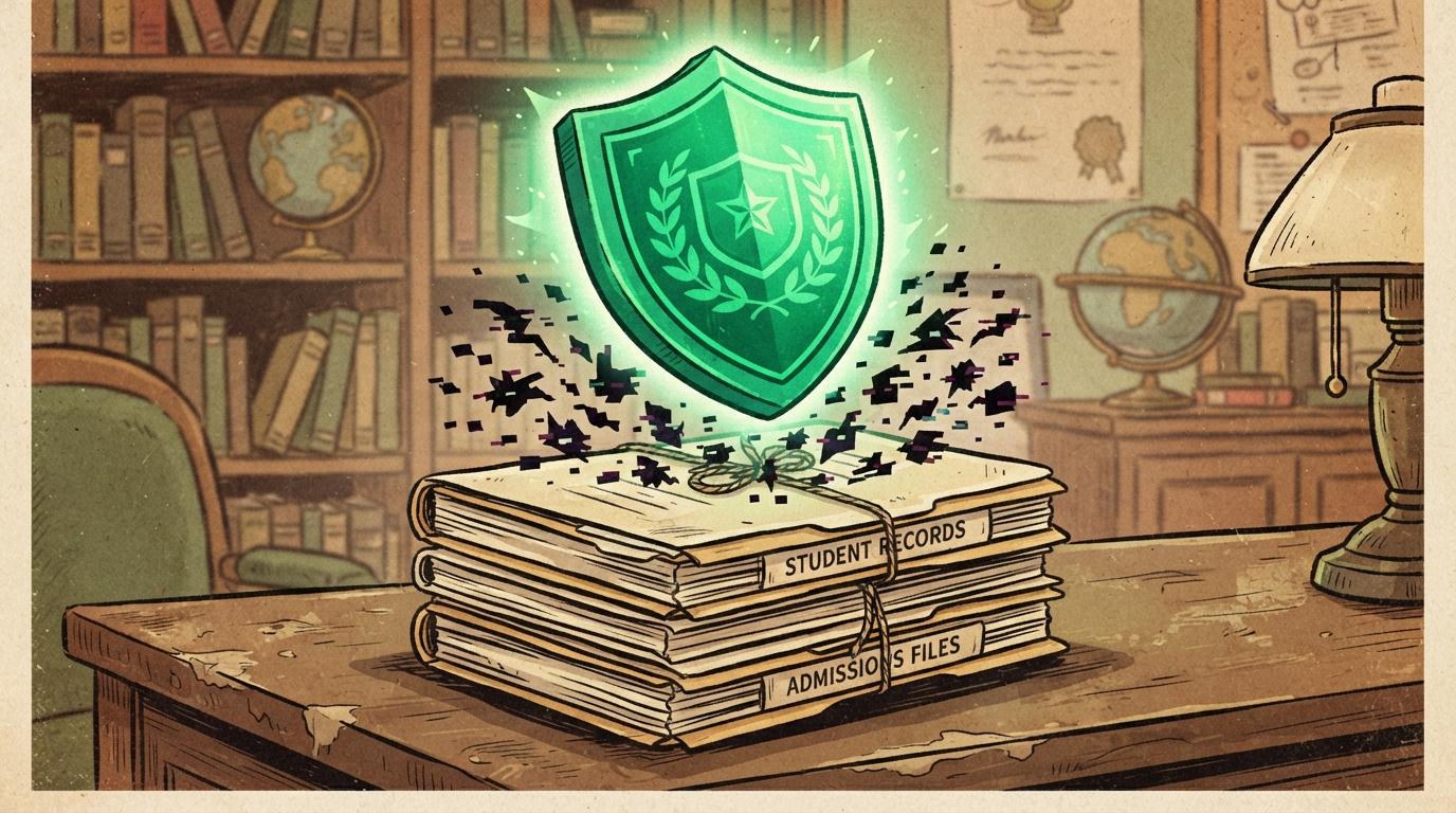 Illustration of a shield protecting student files, representing data privacy and academic integrity concerns with AI in higher education