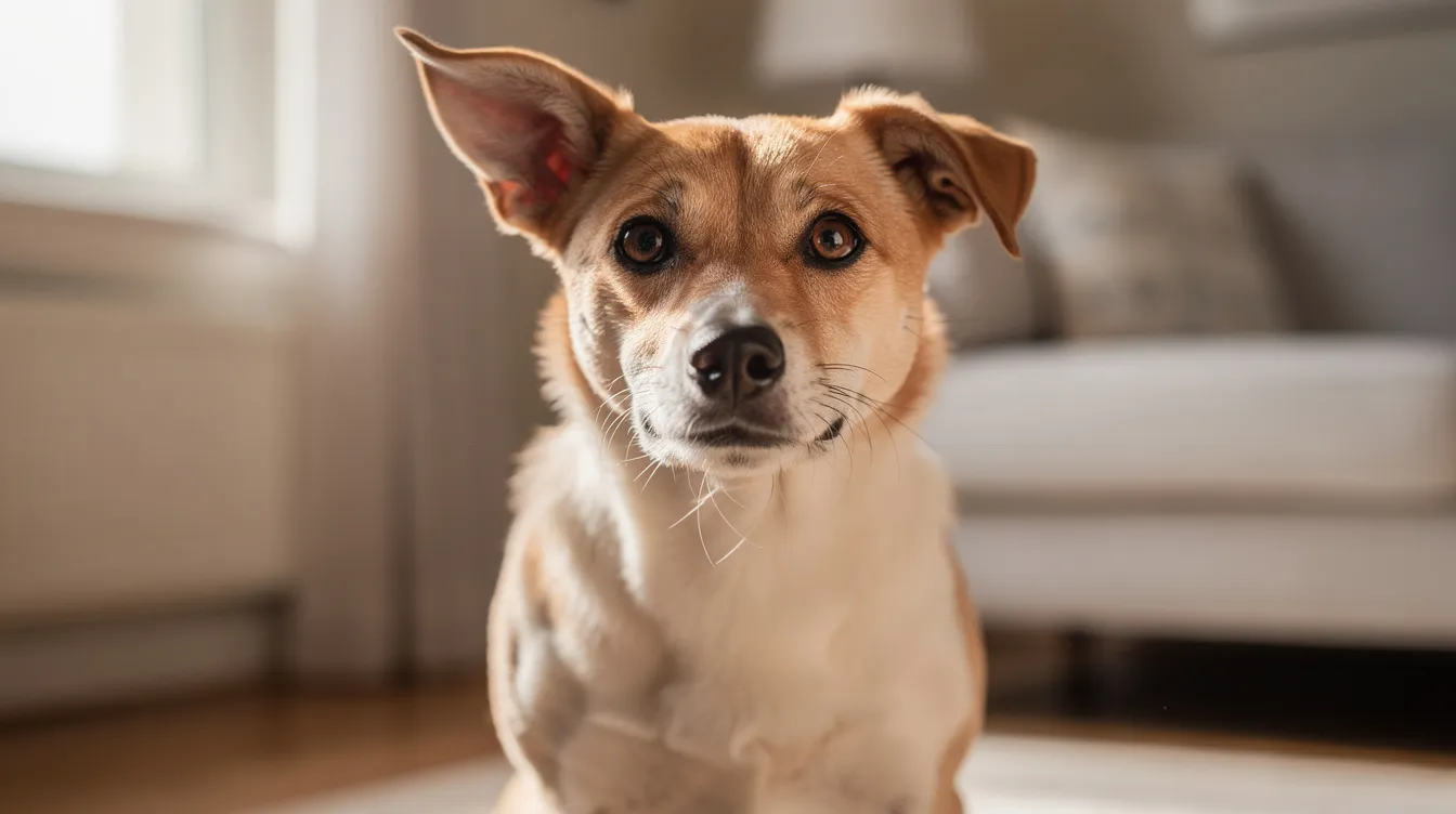 A curious dog tilts its head to the side, showcasing its expressive facial features and perky ears as it listens intently to an interesting sound. The dog's body language reflects its engagement and desire to understand, highlighting the adorable phenomenon of canine head tilt.