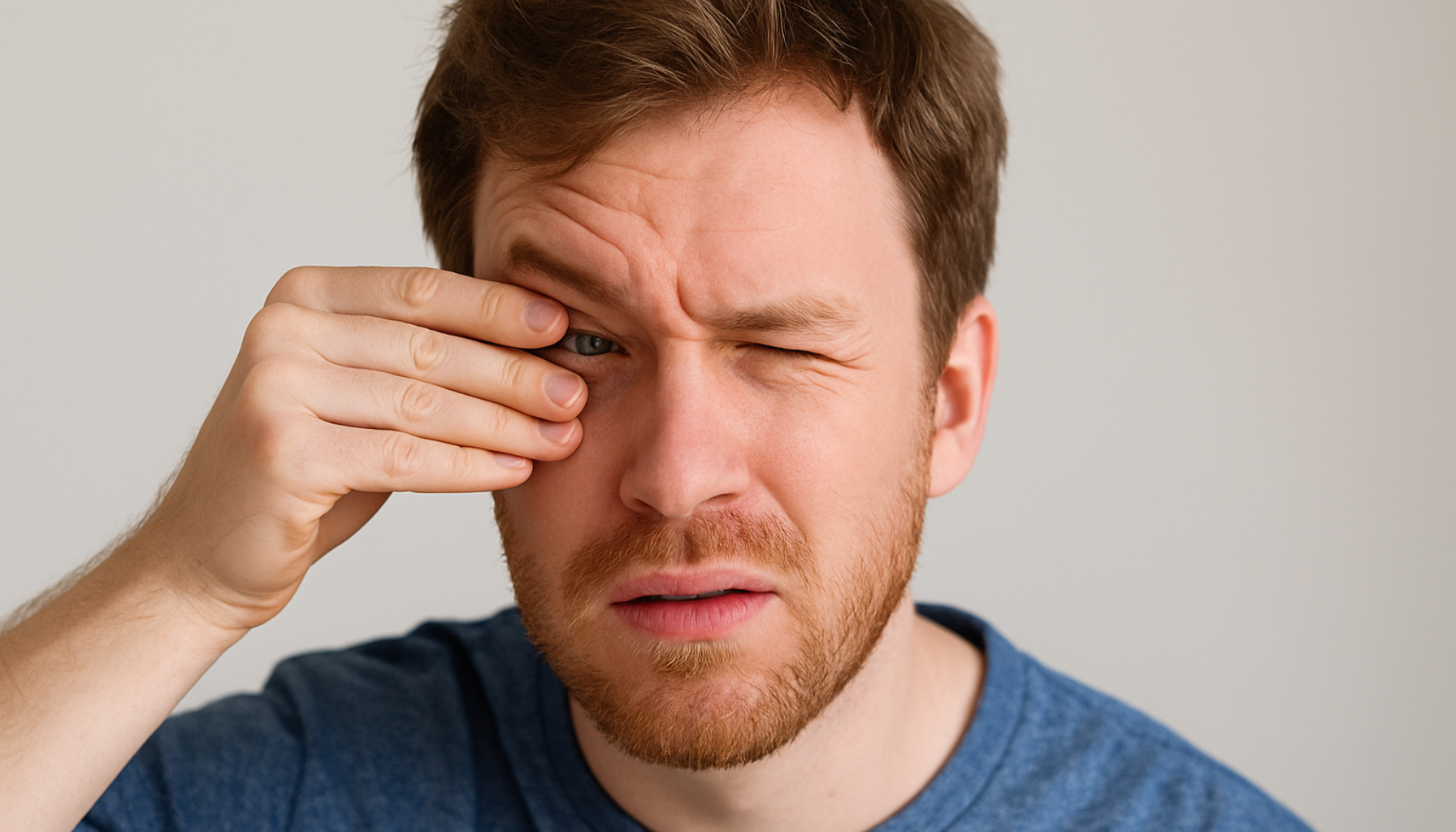 Mann med lukket øye og hånden mot ansiktet, tydelig irritert over vedvarende leamus.