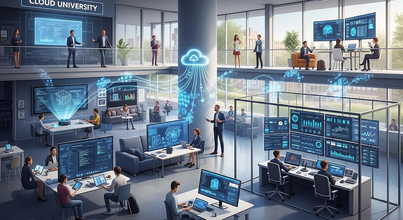 Modern university powered by cloud VDI with students, faculty, and IT teams connected through secure virtual desktops and centralized management.