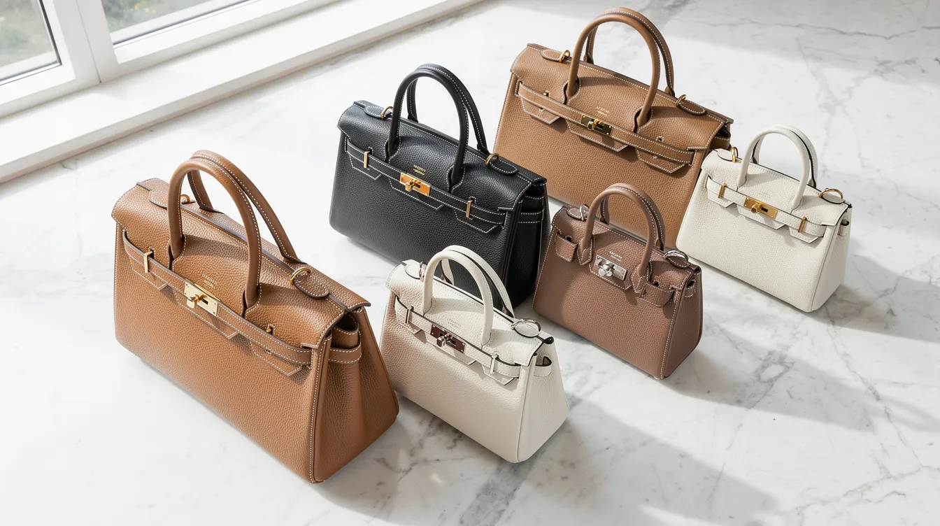 An array of elegant leather handbags, including the iconic Louis Vuitton designs, is beautifully arranged on a white marble surface, illuminated by soft natural lighting. This luxurious display highlights the premium quality and craftsmanship of these branded items, appealing to luxury buyers and enthusiasts alike.