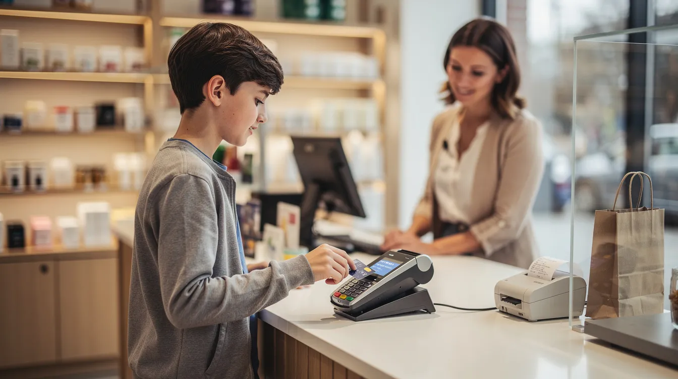 A teenager is making a purchase at a shop counter using their HSBC debit card, while a parent watches nearby, ensuring a safe and responsible transaction. The scene highlights everyday banking activities, reflecting the importance of managing finances with a bank account.