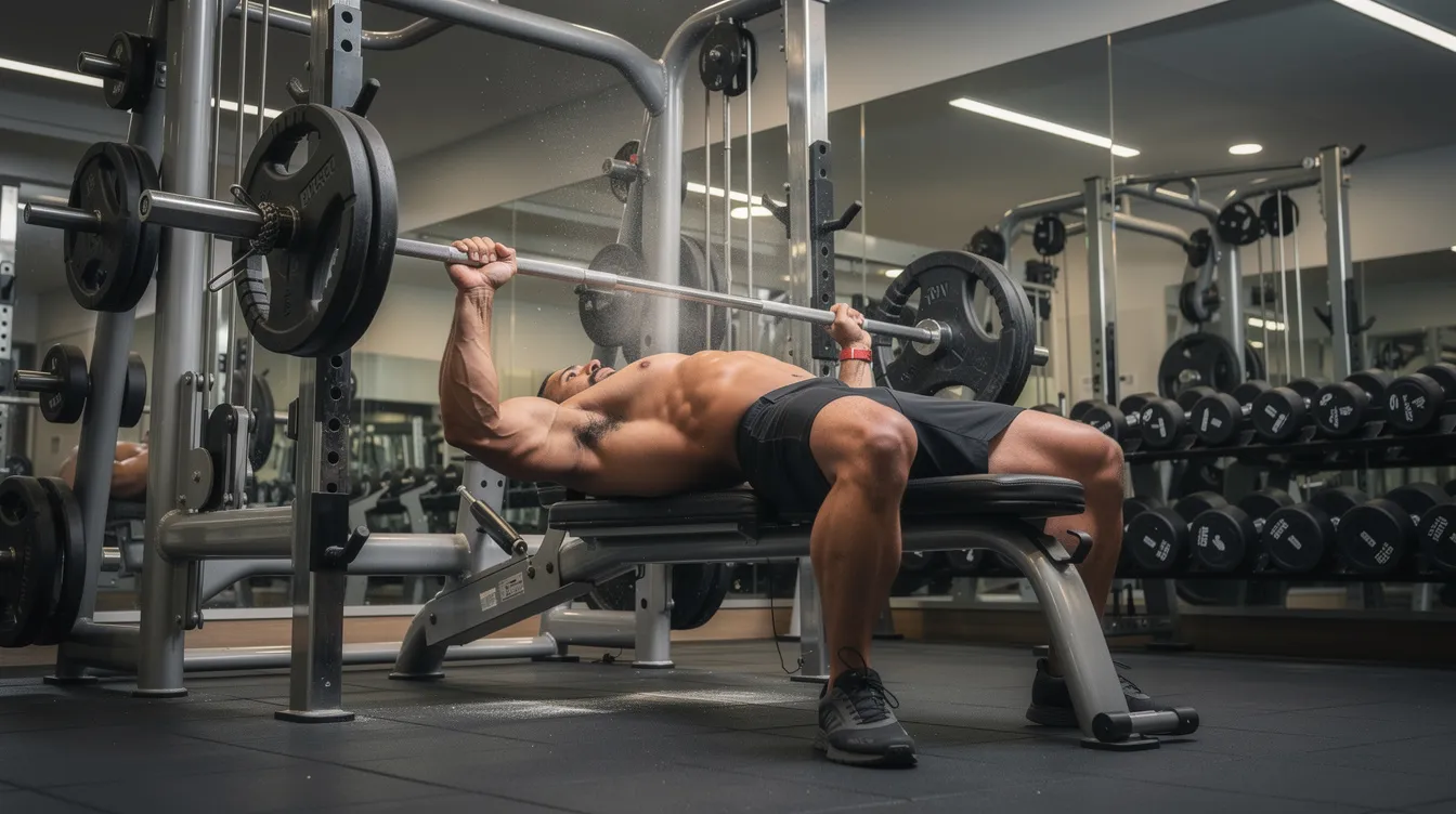 A muscular individual is performing a heavy barbell bench press in a bright commercial gym, showcasing their impressive muscle strength and dedication to muscle growth. This scene highlights the importance of building lean muscle mass and achieving fitness goals through effective workouts and proper nutrition.
