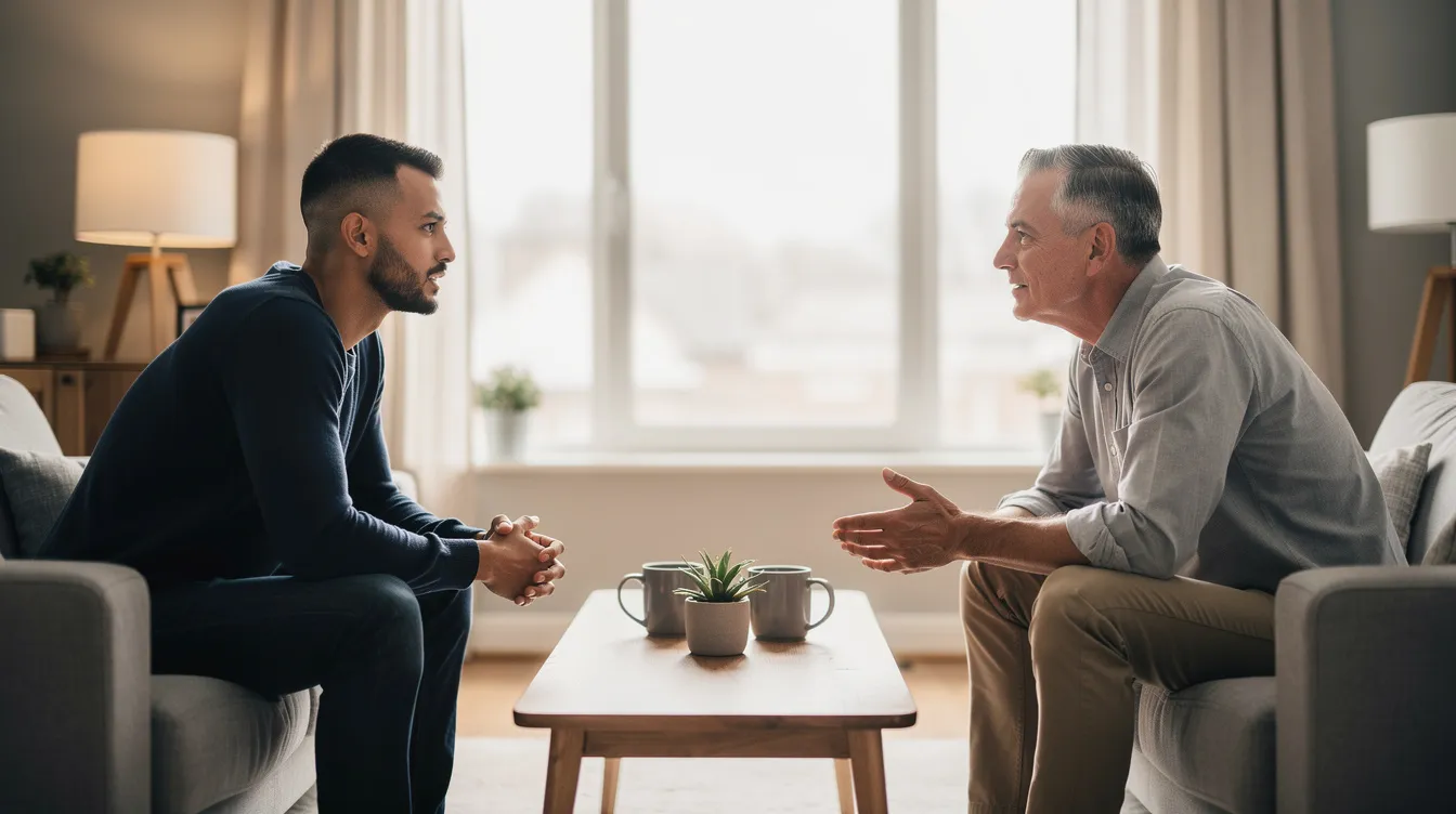 Two men are sitting across from each other in a calm, well-lit living room, engaged in a focused conversation about their relationship dynamics, highlighting the importance of mental health resources and relationship counseling for same-sex couples. This safe and supportive space fosters emotional intimacy and addresses the unique challenges faced by gay and lesbian relationships.