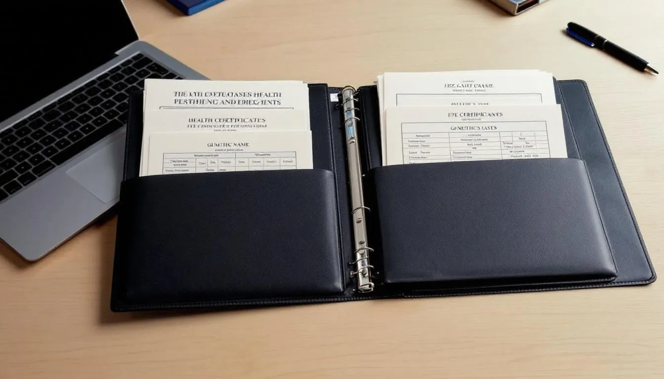 An organized folder containing various health certificates and testing results for breeding dogs, showcasing the importance of responsible breeding practices by reputable breeders. This documentation includes medical records that help ensure the puppies