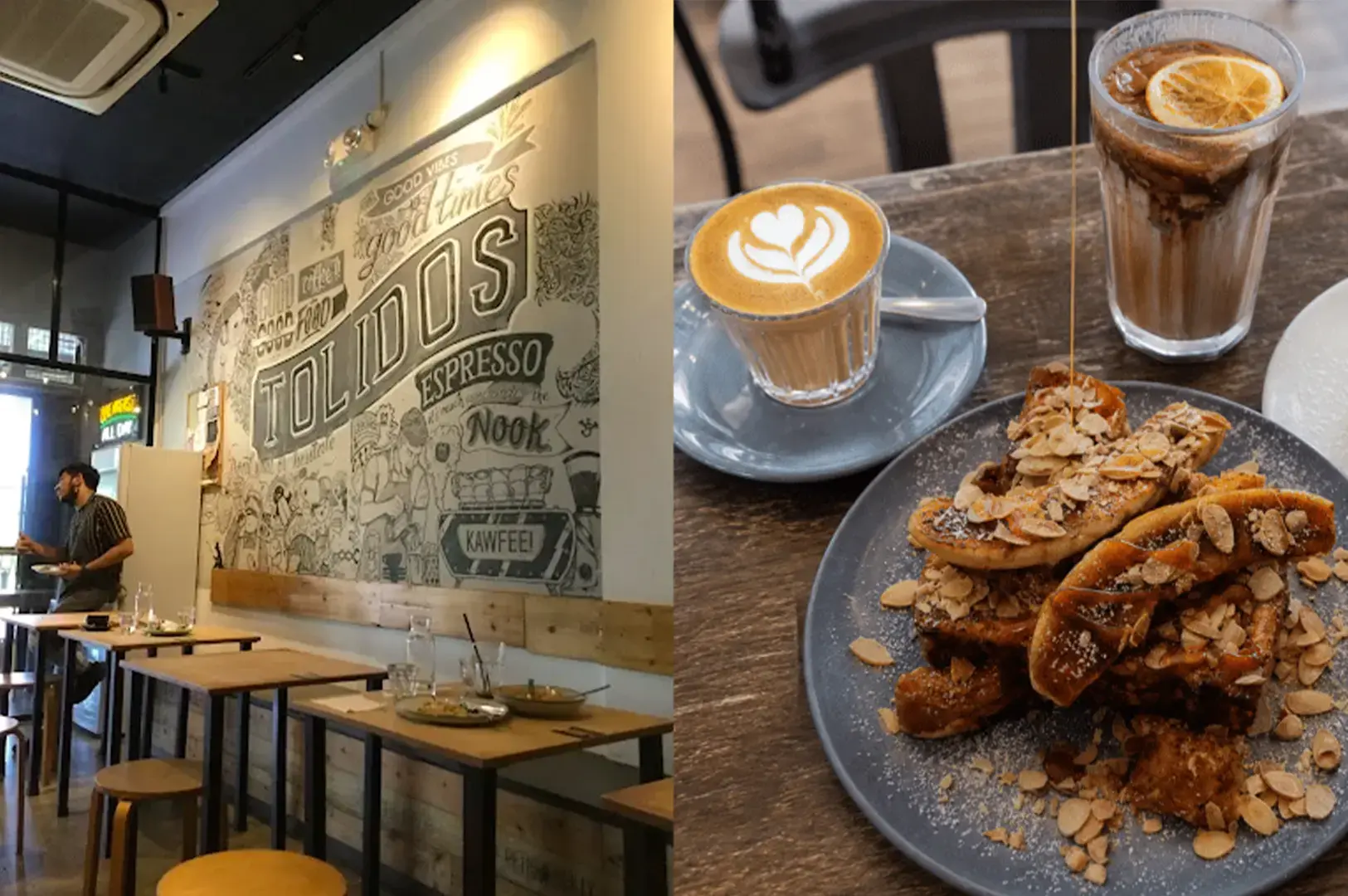 Tolido's Espresso Nook interior wall mural design logo behind their tables and chair and plates of their coffee and Stout-Glazed Bacon French Toast.