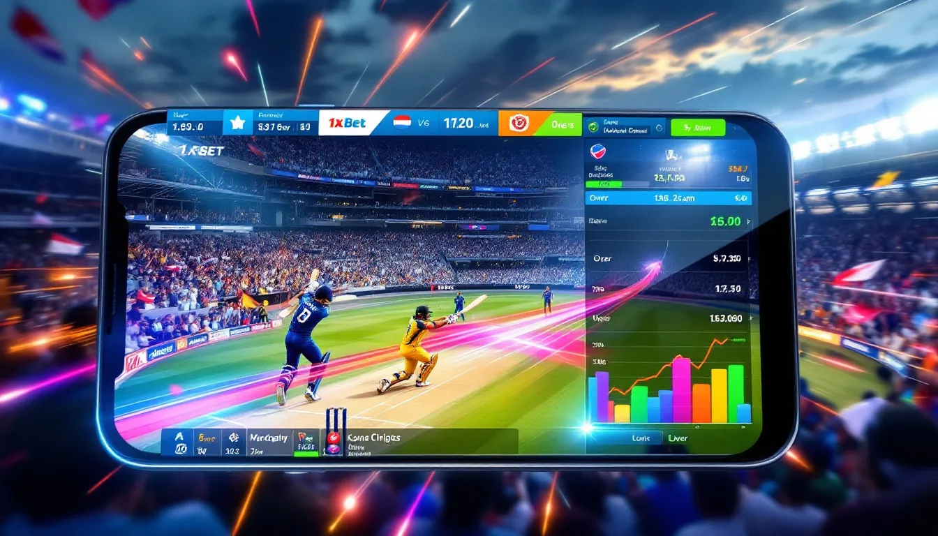 A cricket match being streamed live on the 1xBet app.