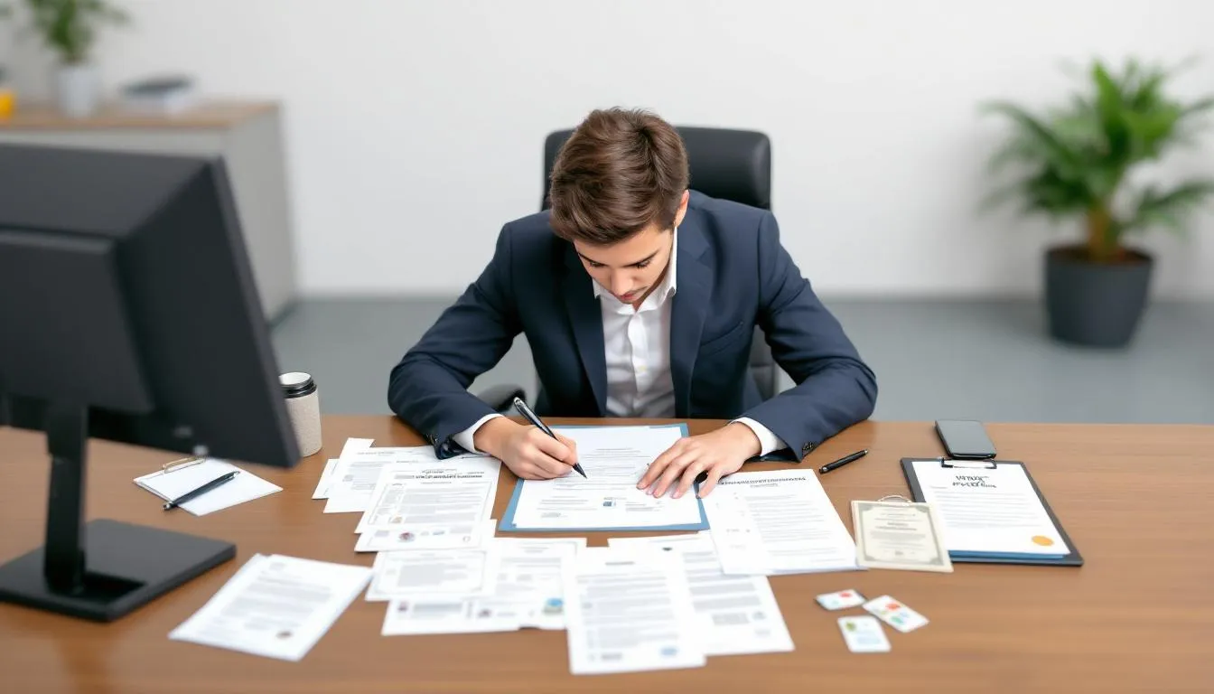 Une personne remplissant une demande de permis de travail, avec des documents éparpillés autour.
