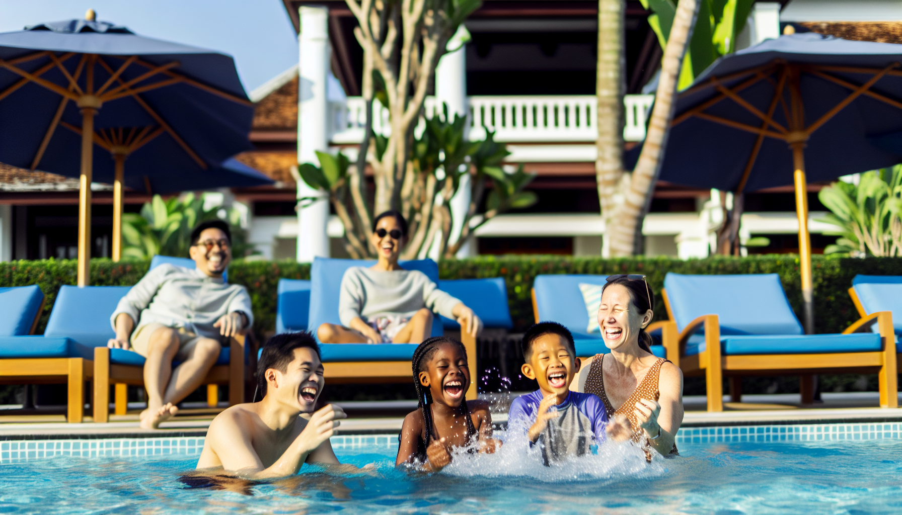 A family enjoying the swimming pool at a comfortable resort in Laos