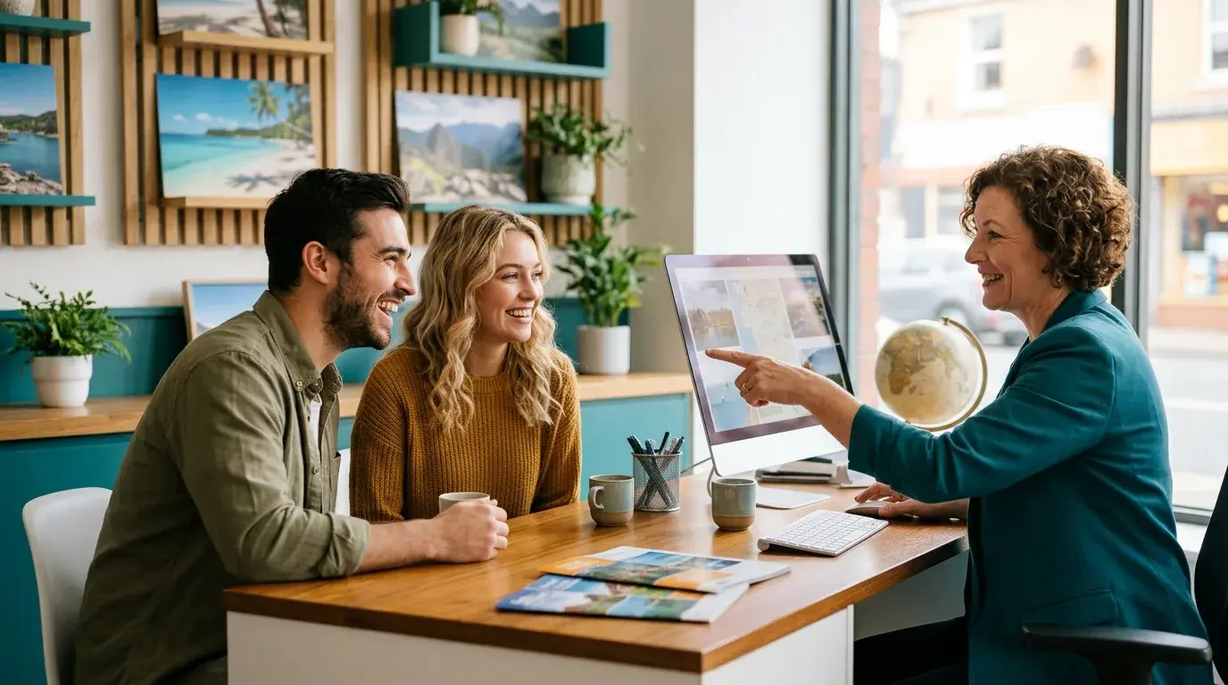 Couple discussing trip plans with a travel adviser at a desk