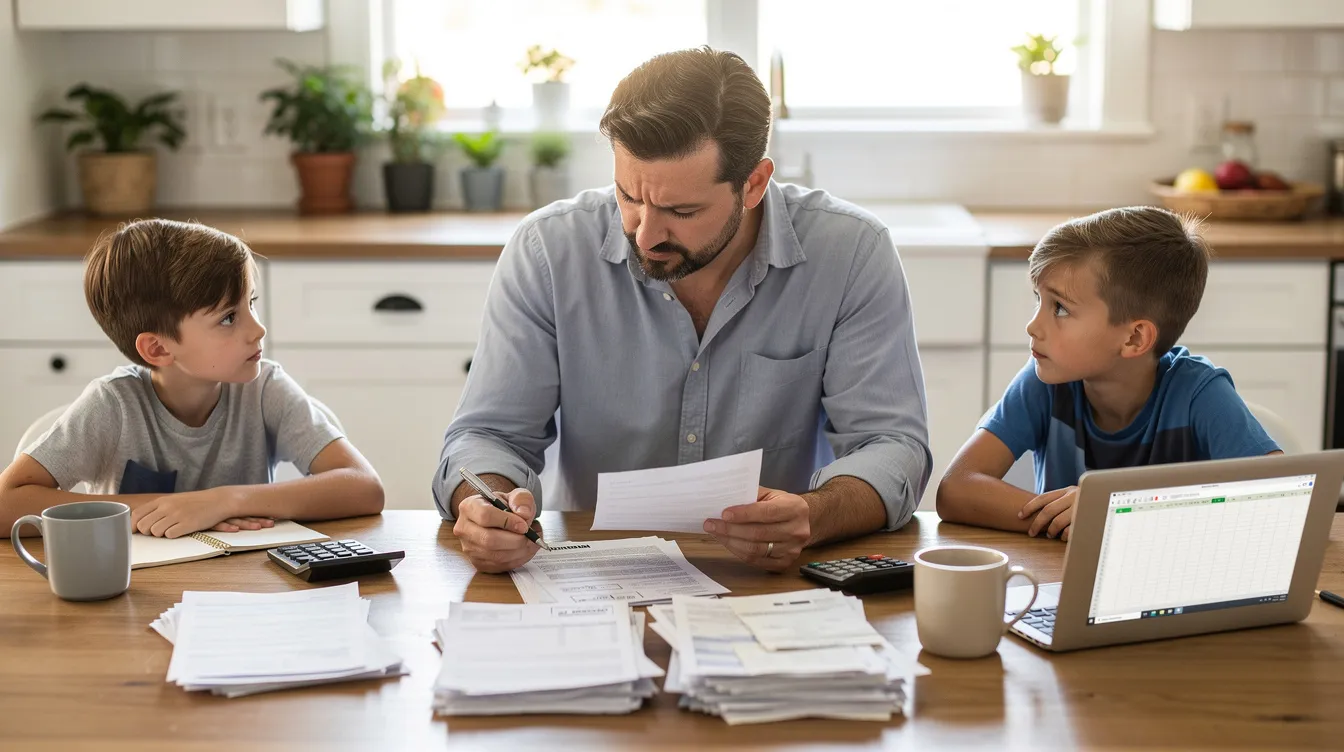 A family is gathered around a kitchen table, reviewing important paperwork related to disability benefits and social security. They appear focused as they discuss the eligibility criteria and necessary steps to apply for assistance, ensuring they understand the process for their child's support.