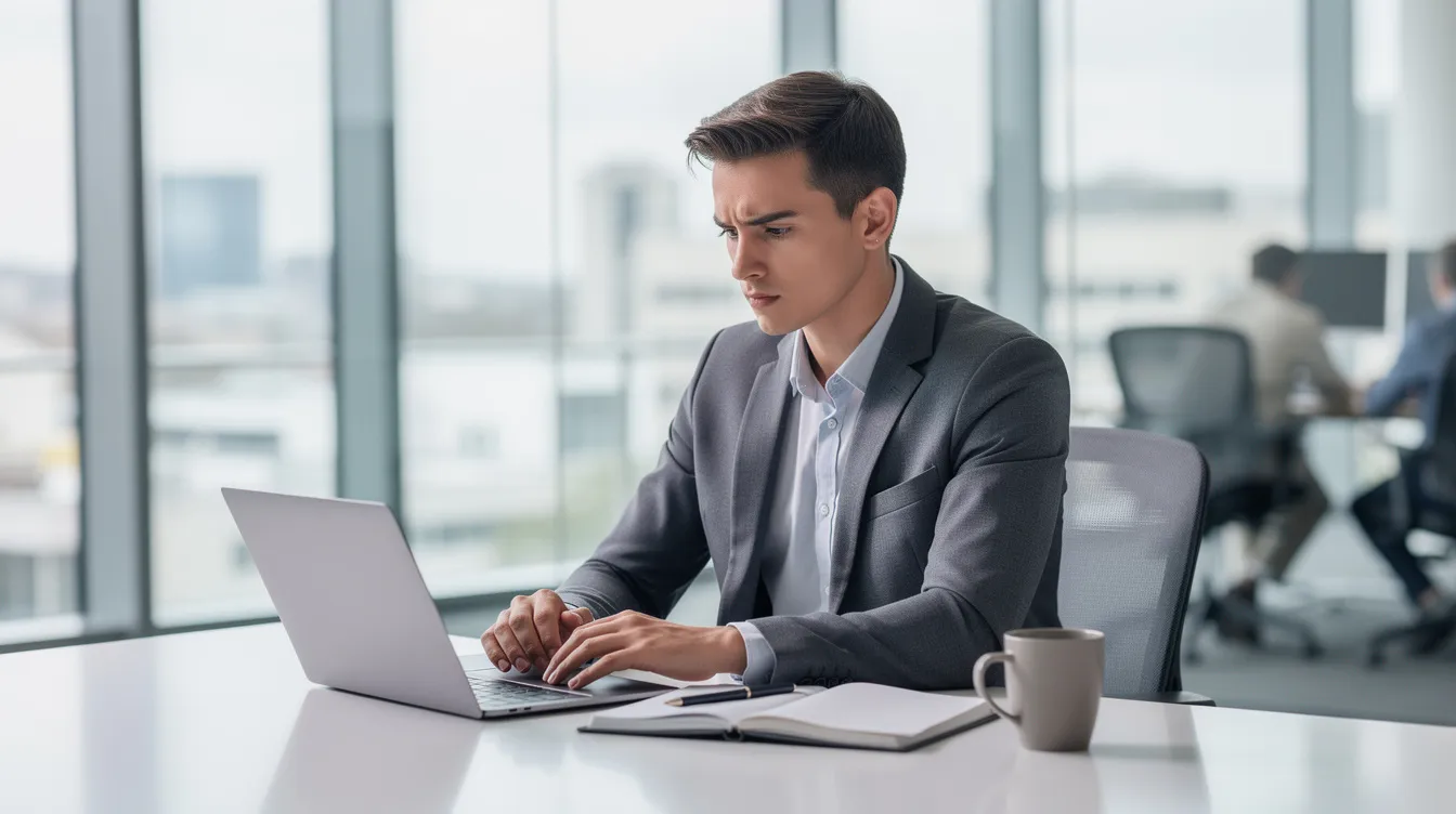 The image depicts a young professional seated at a modern desk, intently focused on their laptop as they prepare for a job interview, likely contemplating generative AI interview questions. The office environment is sleek and contemporary, reflecting a space conducive to productivity and the use of advanced technologies like large language models and machine learning.