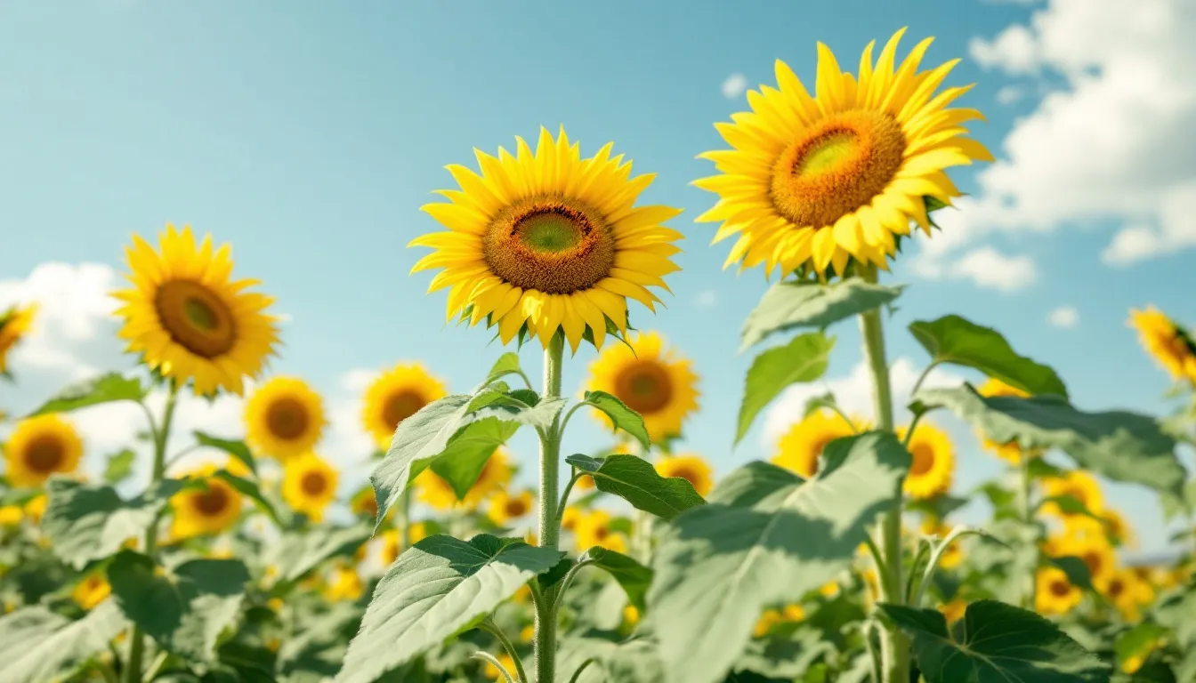 In a vibrant field, golden sunflowers stretch towards the bright sunlight, embodying the essence of hope and joy as they bloom beautifully. Their cheerful presence reflects the sentiment that "earth laughs in flowers," reminding us of the happiness that nature brings.