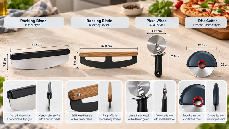 Four-product overview with blade size, handle style and storage footprint labeled.