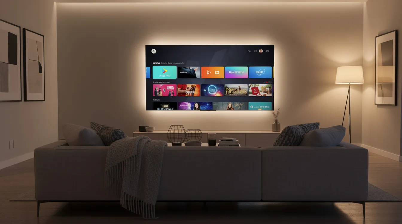 The image features a modern living room with a large flat screen smart TV showcasing a vibrant streaming interface, ideal for accessing various IPTV subscription services. A cozy couch and soft ambient lighting create a comfortable space for enjoying high-quality streaming of live TV channels and on-demand content.