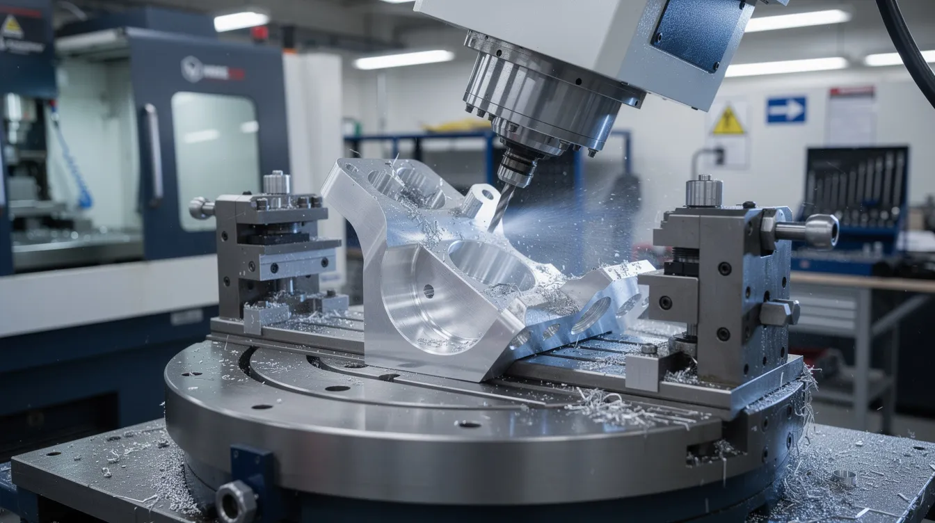 A five-axis CNC milling machine is actively machining a complex aerospace bracket made from aluminum, showcasing the precision of small batch CNC machining for custom machined aluminum parts. The machine's intricate movements highlight the capabilities of CNC machining in producing high-quality components with tight tolerances.