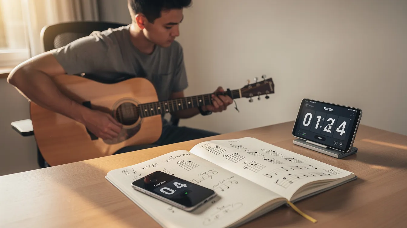 Eine Person sitzt an einem Schreibtisch und übt das Gitarre spielen, während ein Notizbuch und ein Smartphone-Timer sichtbar sind. Diese Szene zeigt einen Gitarrenanfänger, der sich auf seinen Online-Kurs konzentriert und Tipps für das Spielen von Akkorden und Gitarrengriffen notiert.