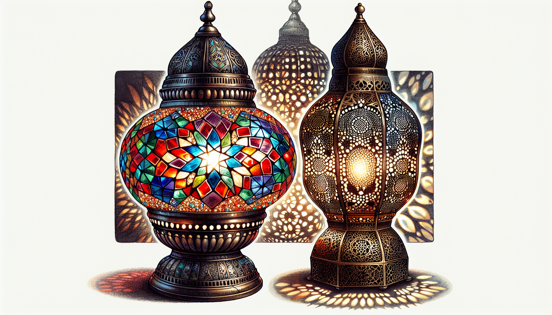 A beautiful illustration of a Turkish lamp and a Moroccan lamp side by side