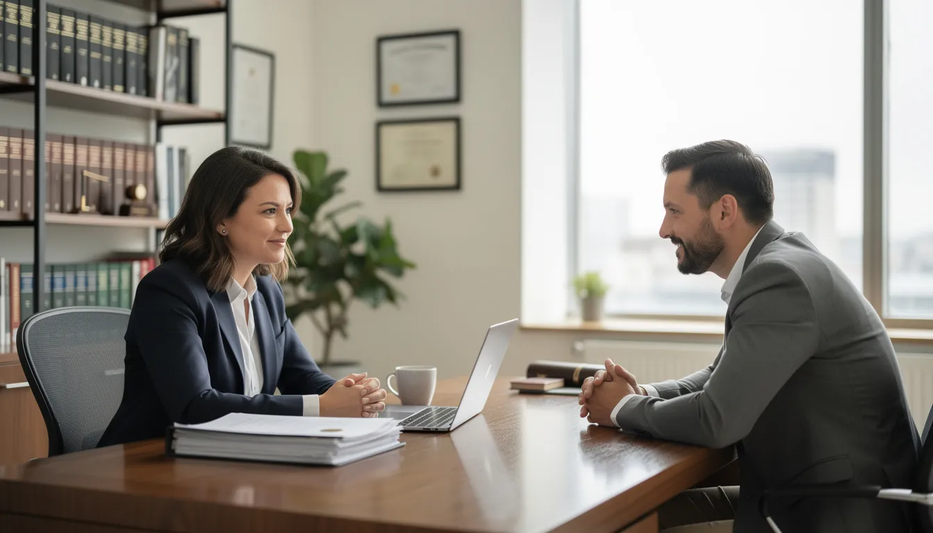 The image depicts a professional meeting between an attorney and a client in an office setting, where they discuss the client's workers compensation claim related to a workplace injury. The attorney is providing legal counsel on how to navigate the claims process and recover benefits for medical expenses and lost wages.