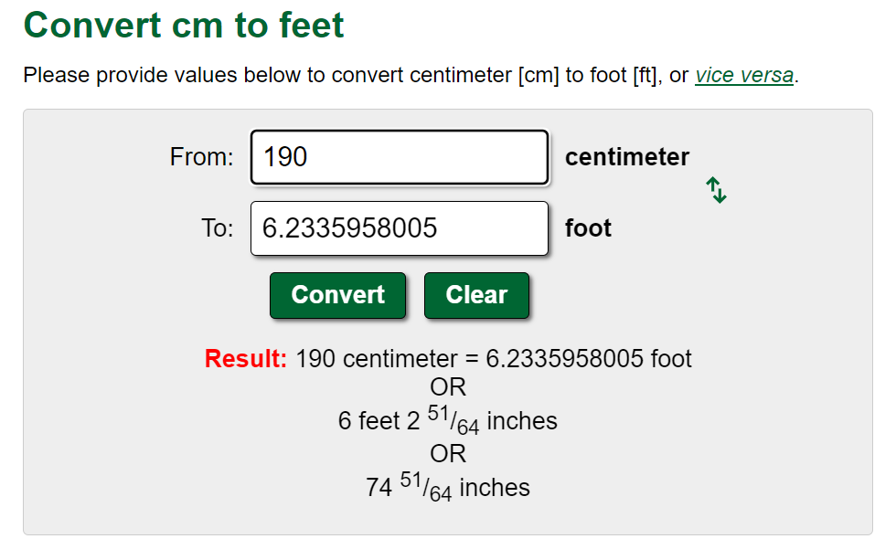 Convert cm to feet