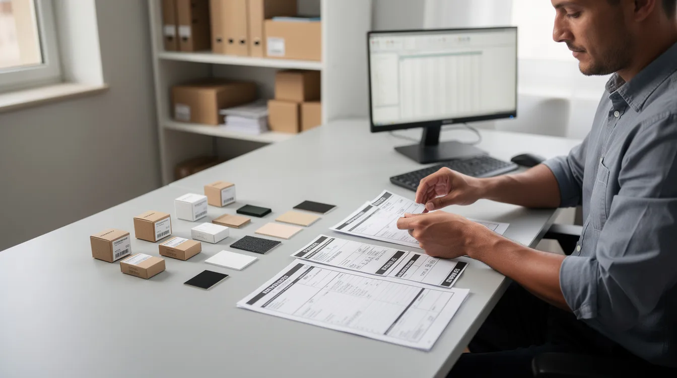 A person is seated at a desk, carefully comparing various product samples alongside shipping labels, reflecting the detailed organization needed for a successful dropshipping business. This scene highlights the importance of managing inventory and shipping logistics in an efficient online store, such as a Shopify dropshipping store.