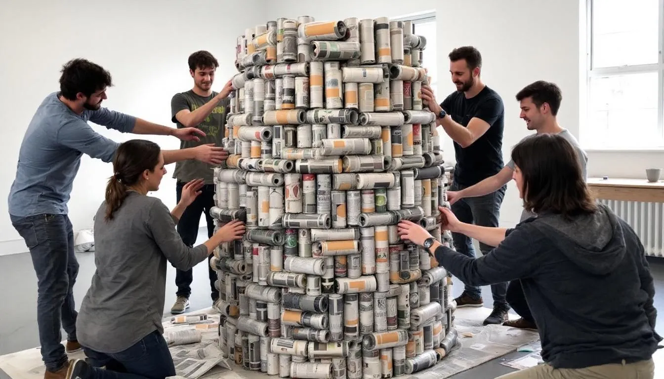 In der Abbildung arbeiten mehrere Personen als Gruppe zusammen, um einen Turm aus Zeitungspapier zu konstruieren, wobei sie ihre Kommunikationsfähigkeiten und Teamarbeit einsetzen. Die Teammitglieder zeigen Koordination und Spaß an der Aufgabe, während sie Materialien strategisch nutzen, um ihr Ziel zu erreichen.