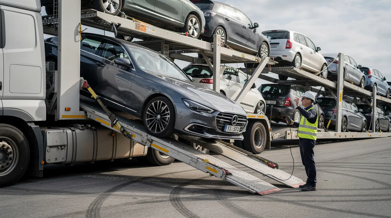 A car is being carefully loaded onto a multi-vehicle transport trailer, showcasing the precision and care involved in auto transport services. This image highlights the importance of reliable car shipping for ensuring that vehicles arrive safely at their destination.