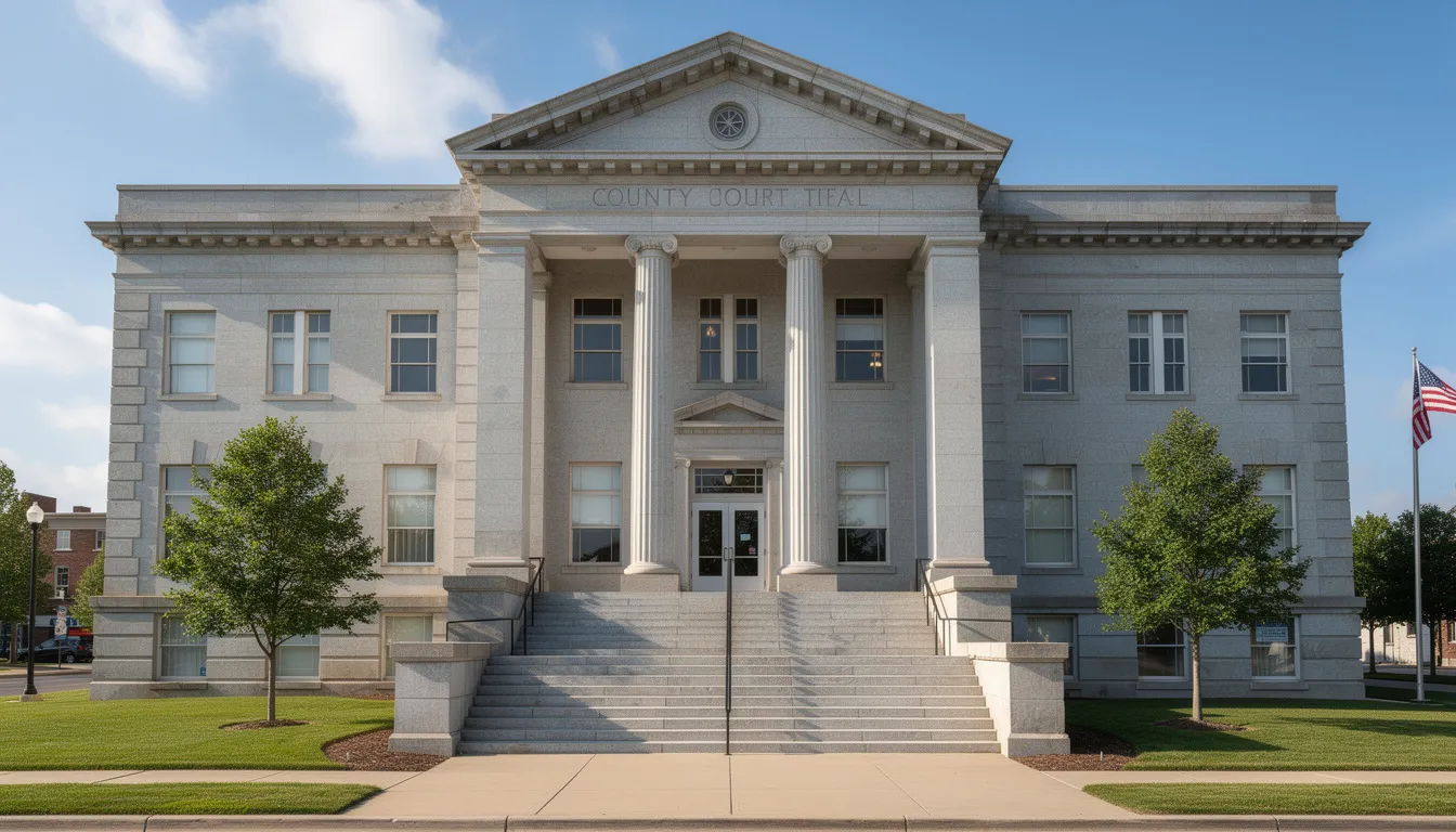 The image depicts a grand stone county courthouse building featuring tall columns and wide steps, symbolizing the legal process involved in probate cases. This courthouse is a crucial location for accessing public records related to probate property and filings, serving as a valuable resource for real estate professionals and probate attorneys.