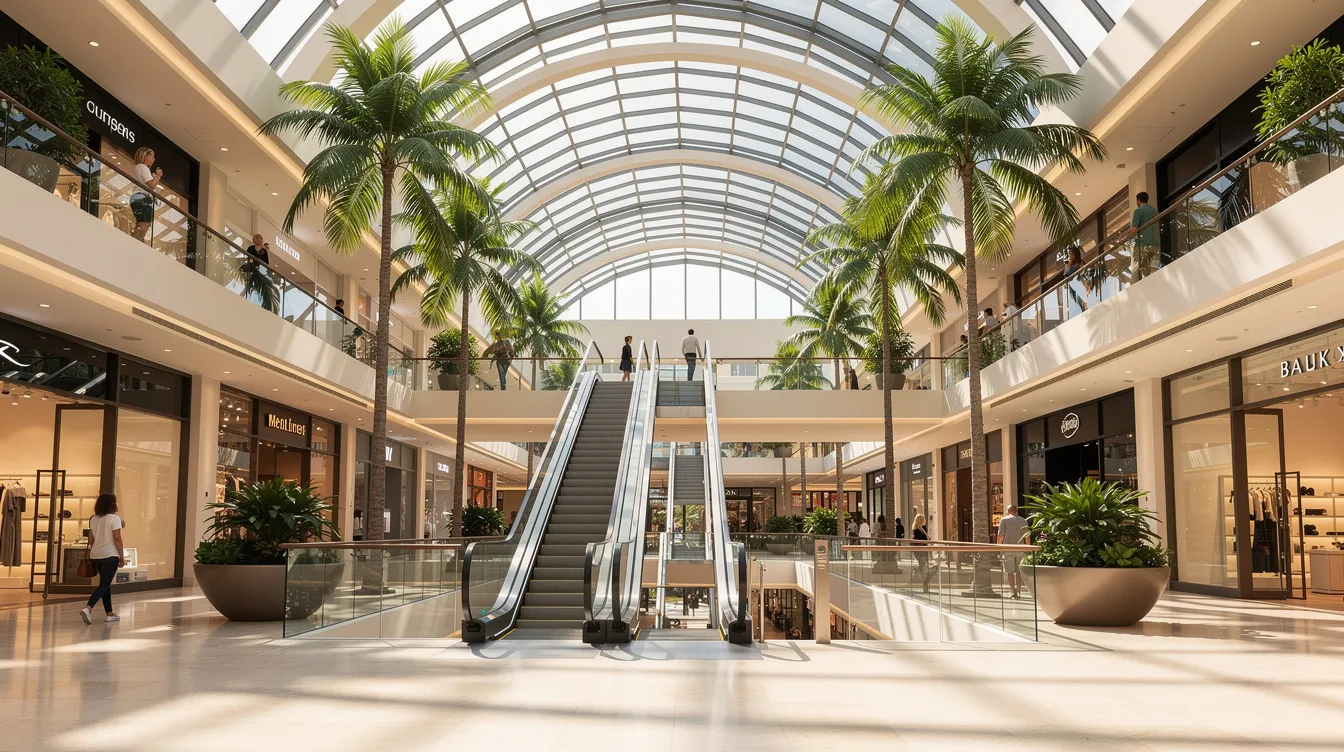 The image depicts a modern shopping center interior in Rio de Janeiro, featuring escalators and lush palm trees under a spacious glass ceiling, creating a vibrant and inviting atmosphere. This stylish space is likely located near the upscale neighborhood of Leblon, known for its high-end shopping and stunning views of the Dois Irmãos mountains.