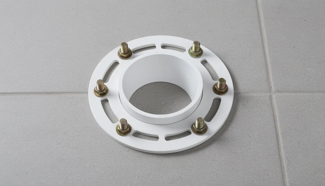 A close-up view of a white PVC toilet flange is shown installed on a tiled bathroom floor, featuring visible bolt slots for securing closet bolts. This new toilet flange is designed to create a watertight seal and is ready for installation with a wax ring.