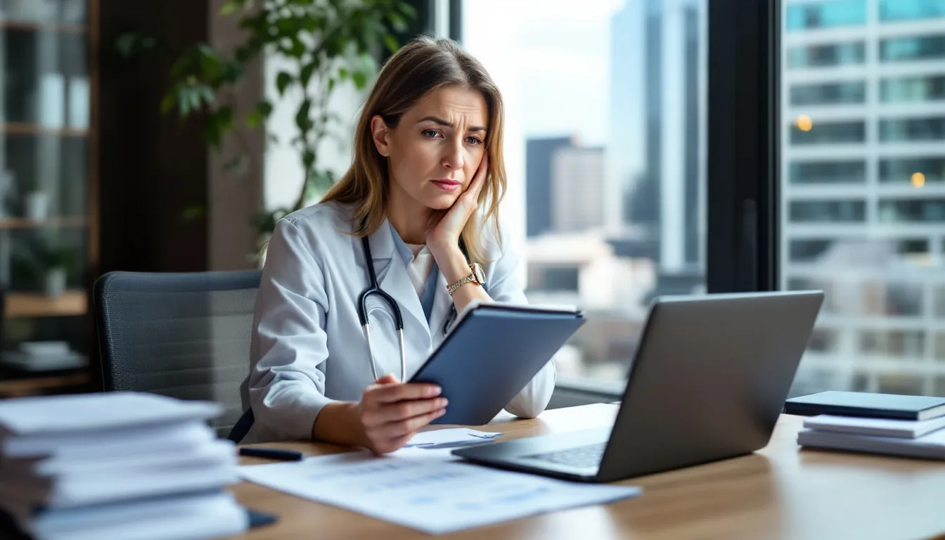 In the image, a healthcare professional is thoughtfully considering the decision to take out a small business loan, weighing the potential benefits against the risks of incurring debt and the possibility of dealing with collection agencies for unpaid invoices. The setting suggests a serious evaluation of cash flow and financial obligations essential for supporting their practice.