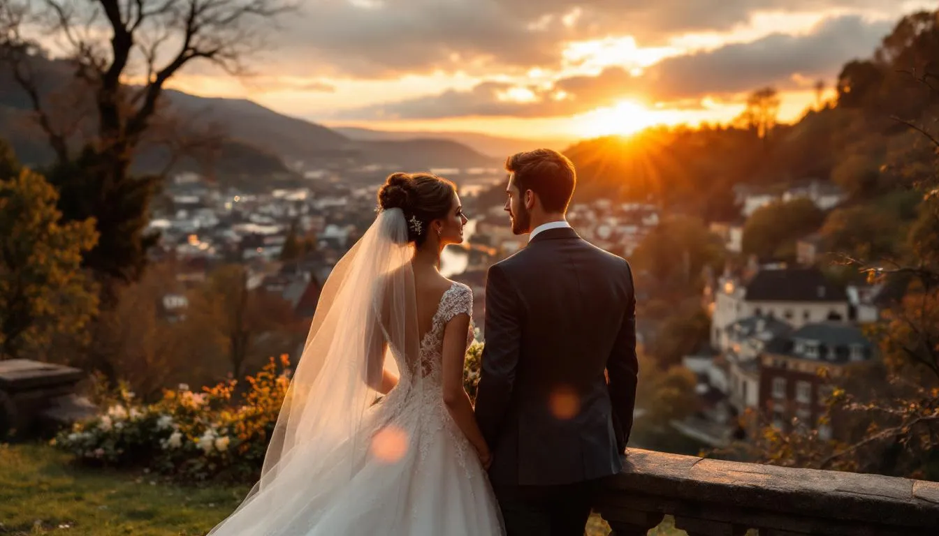 Das Bild zeigt ein Brautpaar, das in goldenem Sonnenuntergangslicht vor der malerischen Kulisse von Baden-Baden steht. Im Hintergrund sind die Weinberge und das alte Schloss Hohenbaden zu sehen, was der Hochzeit in Baden eine romantische Atmosphäre verleiht.