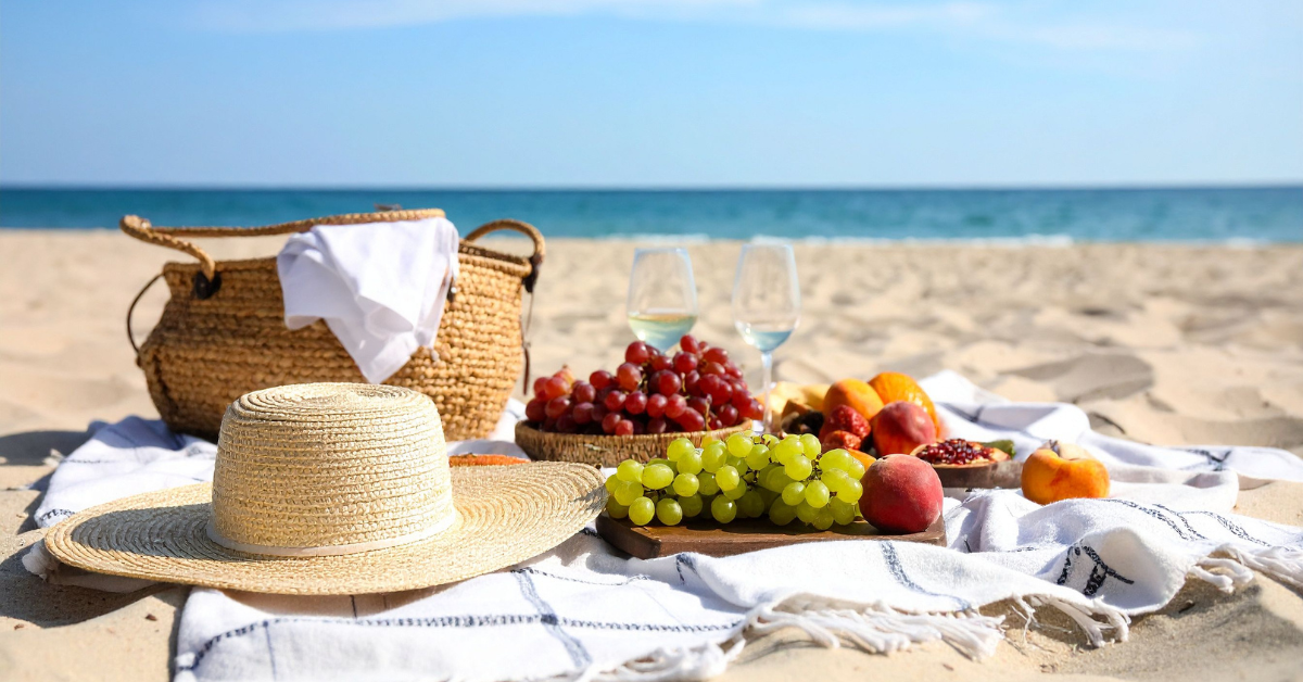 Summer beach picnic setup with fresh fruit, wine glasses, a straw hat, and a woven basket on the sand by the ocean in Toms River NJ, representing relaxation and coastal charm.