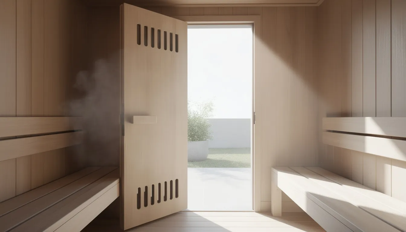 A sauna door is propped wide open, allowing bright natural light to flood into the sauna room, which features visible ventilation slots for promoting air circulation. The wooden surfaces, likely made of cedar wood, are well-maintained, showcasing the sauna's natural beauty and ensuring a pleasant sauna experience.