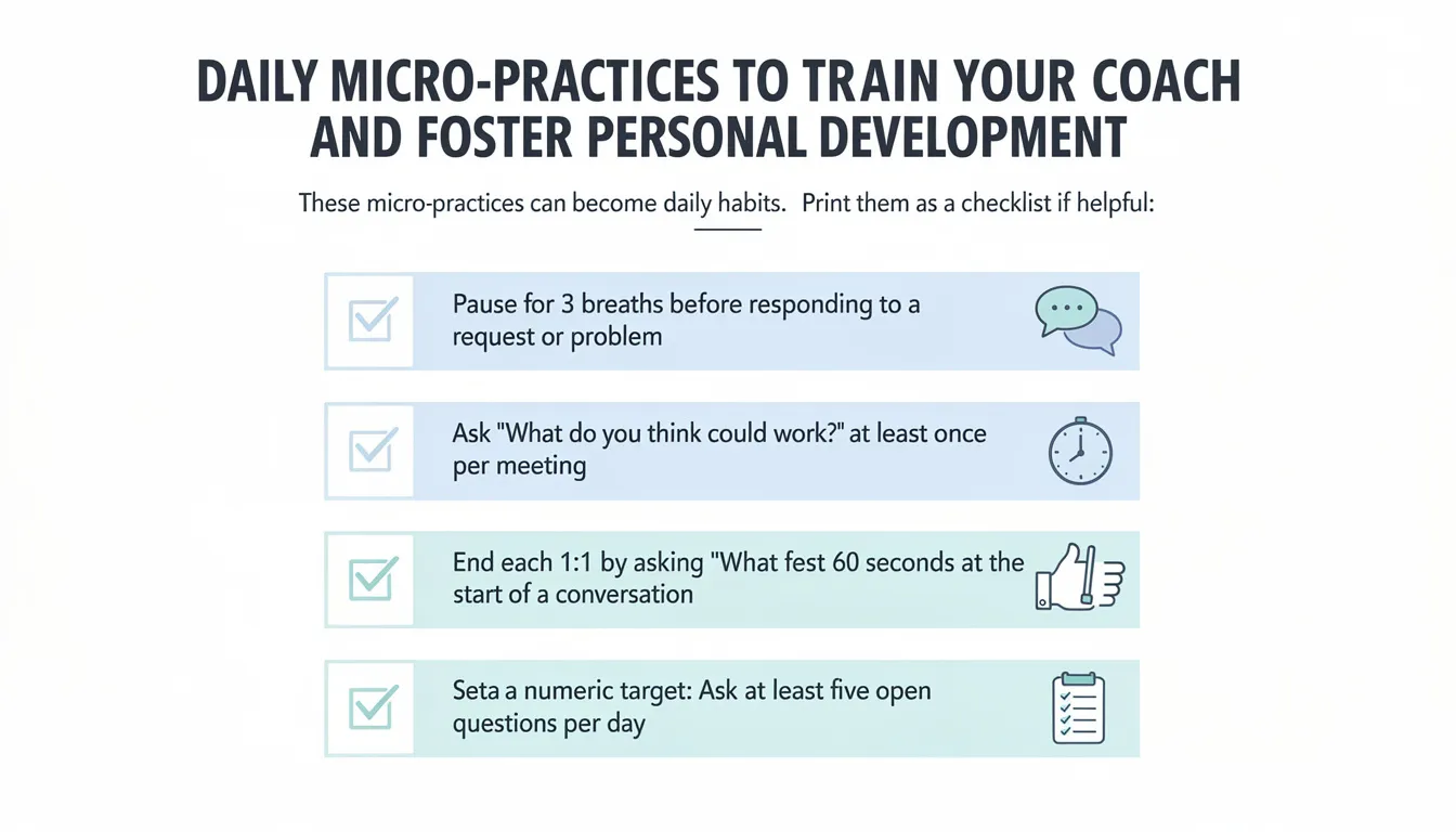 The image features a checklist of daily micro-practices designed to train a coach mindset and foster personal development. It includes practices such as pausing for three breaths before responding, asking open-ended questions, and reflecting on useful insights at the end of meetings, all aimed at enhancing self-awareness and promoting a positive mindset.
