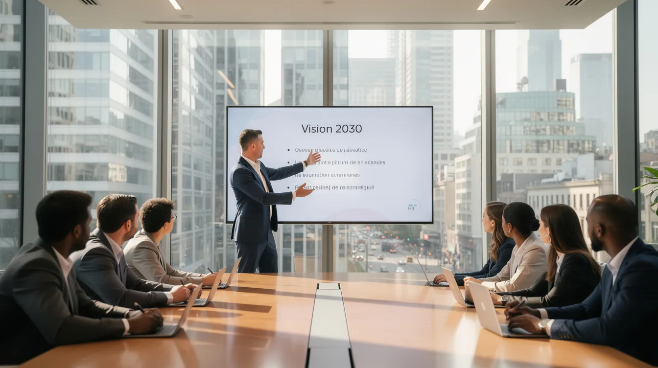 Un dirigeant se tient devant son équipe dans une salle de réunion vitrée, présentant une vision inspirante entourée d'un paysage urbain. Cette scène illustre l'engagement à partager les valeurs de l'entreprise et à guider les collaborateurs vers des objectifs communs au quotidien.