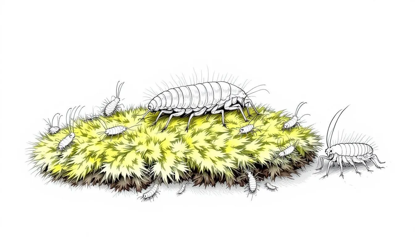 The image shows a detailed comparison of a dwarf white isopod next to tropical white springtails, both positioned on a patch of sphagnum moss. The size difference is evident, highlighting the smaller springtail species unlike isopods, which thrive in moist environments rich in decaying organic material and are often found in bioactive setups like terrariums.